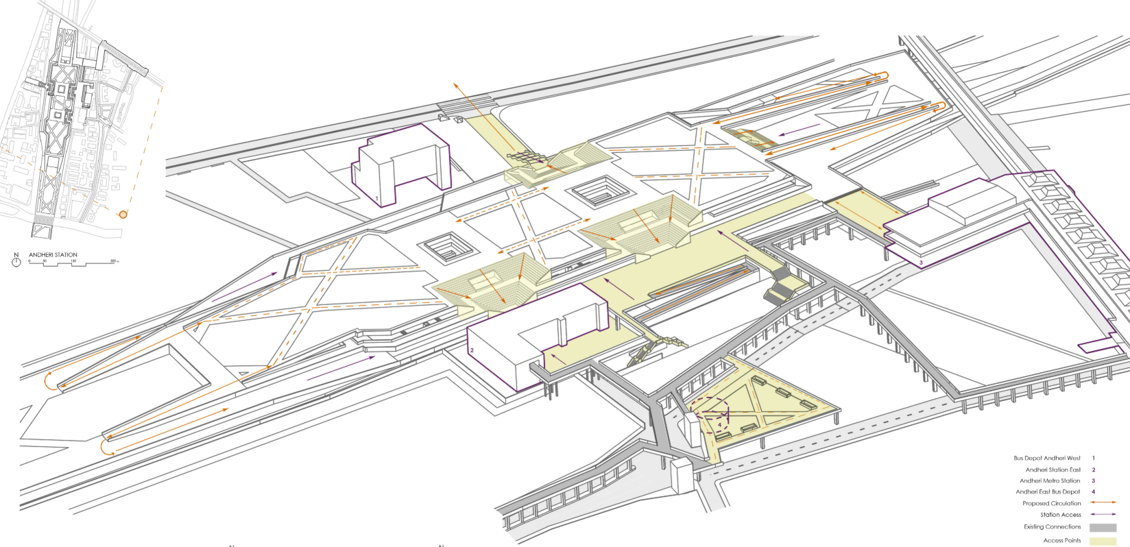 Master plan showcasing green infrastructure and multi-level connectivity across Andheri Station’s public realm.