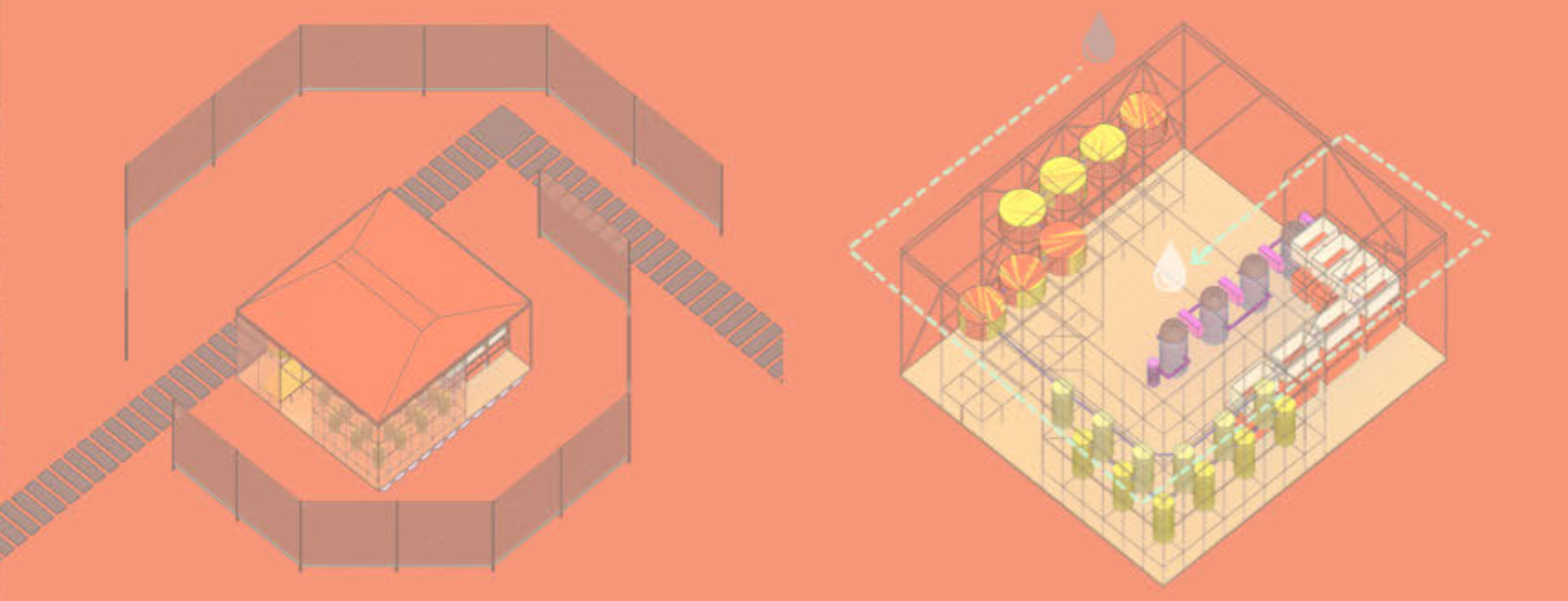 Axonometric drawing showing the structural grid and filtration layout that guides the flow of water and light.