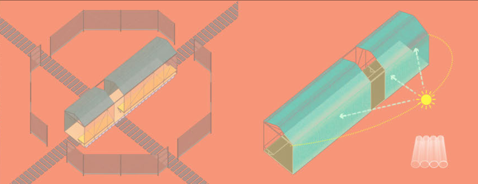 Diagrammatic visualization of sunlight-driven aeration and modular adaptability within the pavilion system.