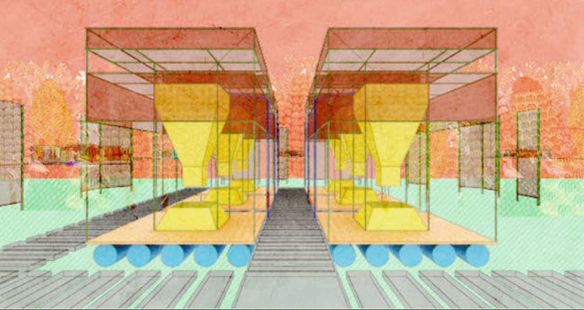 A geometric, glass-walled assembly housing bio-reactive chambers that visually express the purification process.