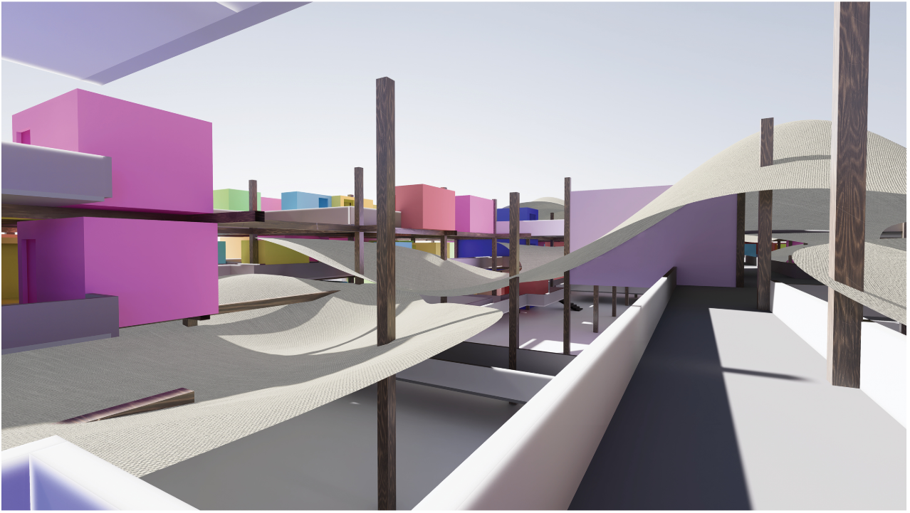 A dynamic play of light, color, and texture defines the community walkways, where stretched fabric surfaces foster shade, comfort, and fluid interaction.