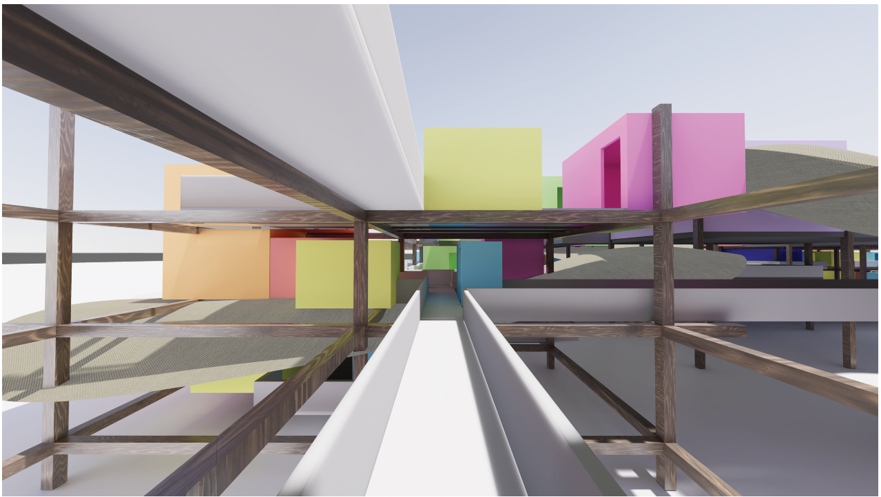 View through the modular grid structure highlighting vibrant housing units and adaptive living layers that promote openness and human connection.