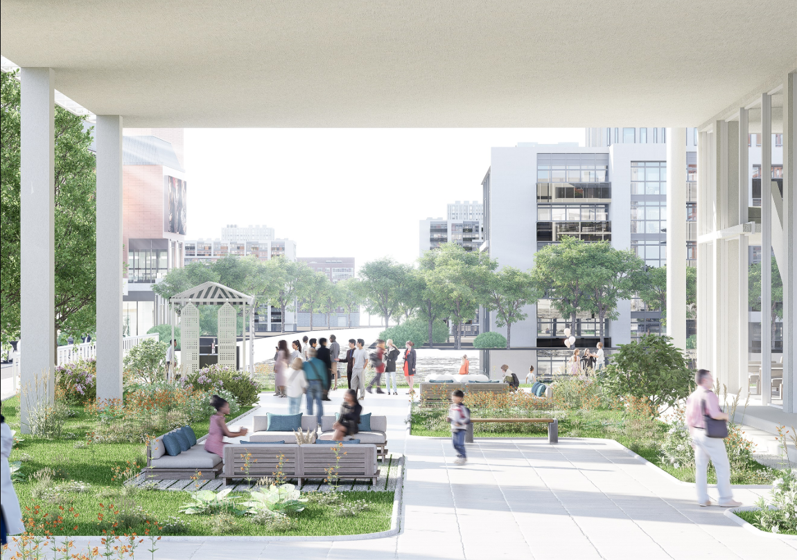 A green social plaza that connects the church with the city through open, inclusive gathering spaces.