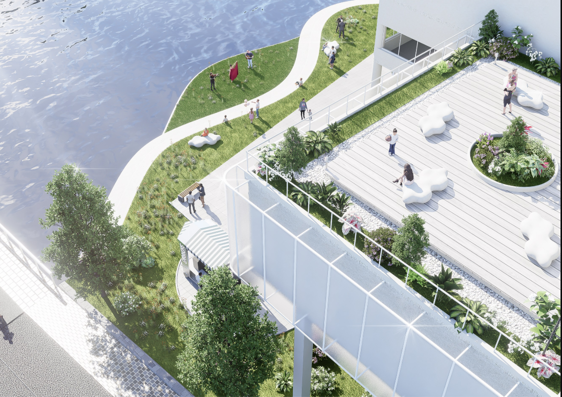 Elevated views and landscaped decks that invite calm contemplation by the waterfront.