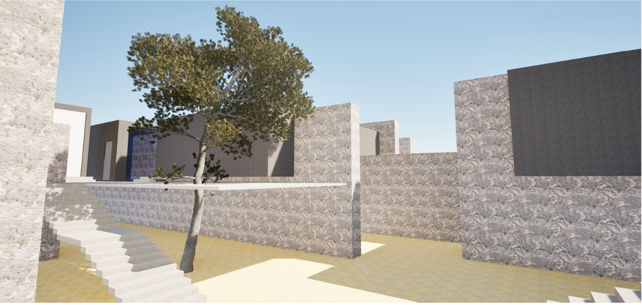 A central courtyard framed by textured stone walls promotes natural ventilation and community interaction within the sustainable housing cluster.