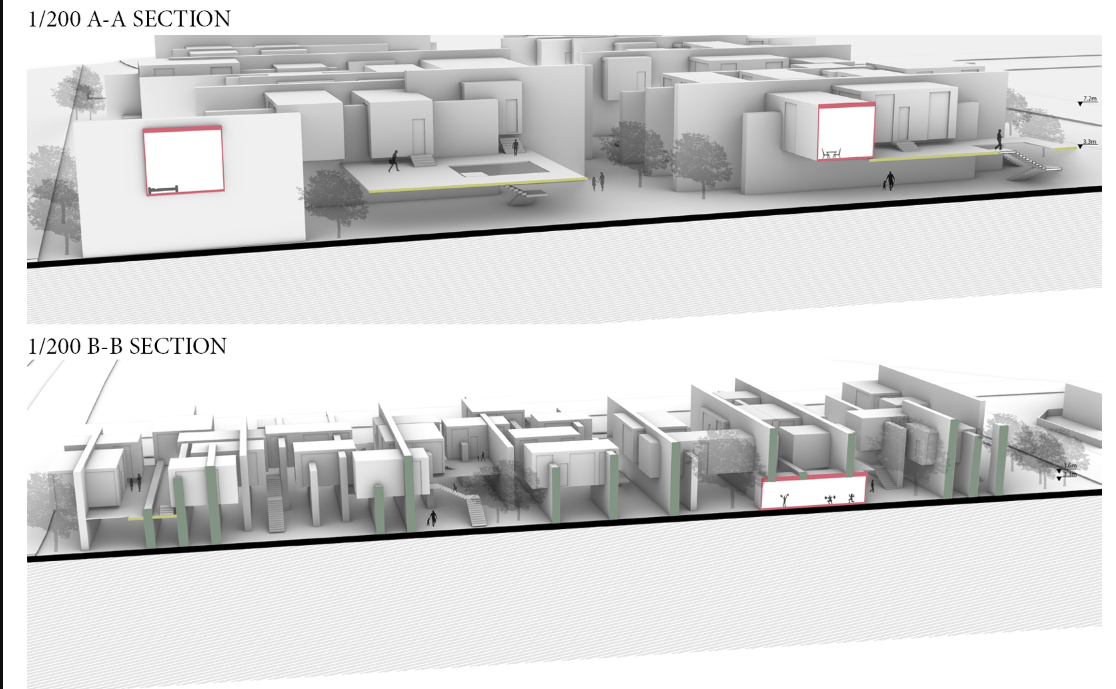 Cross-sections illustrate spatial layering and multi-level circulation, enhancing social interaction and visual connectivity across shared courtyards.