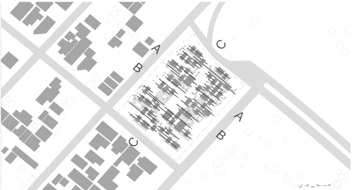 The site plan reveals a grid-based layout integrating green pathways and open nodes that connect private dwellings with communal spaces.