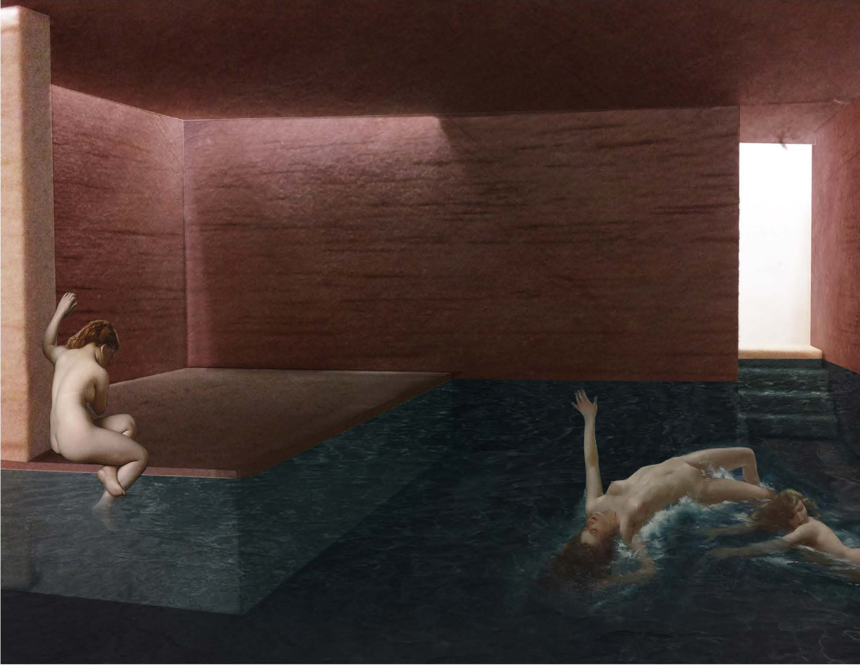 A secluded bathing chamber where light, water, and red sandstone create a serene sensory balance.