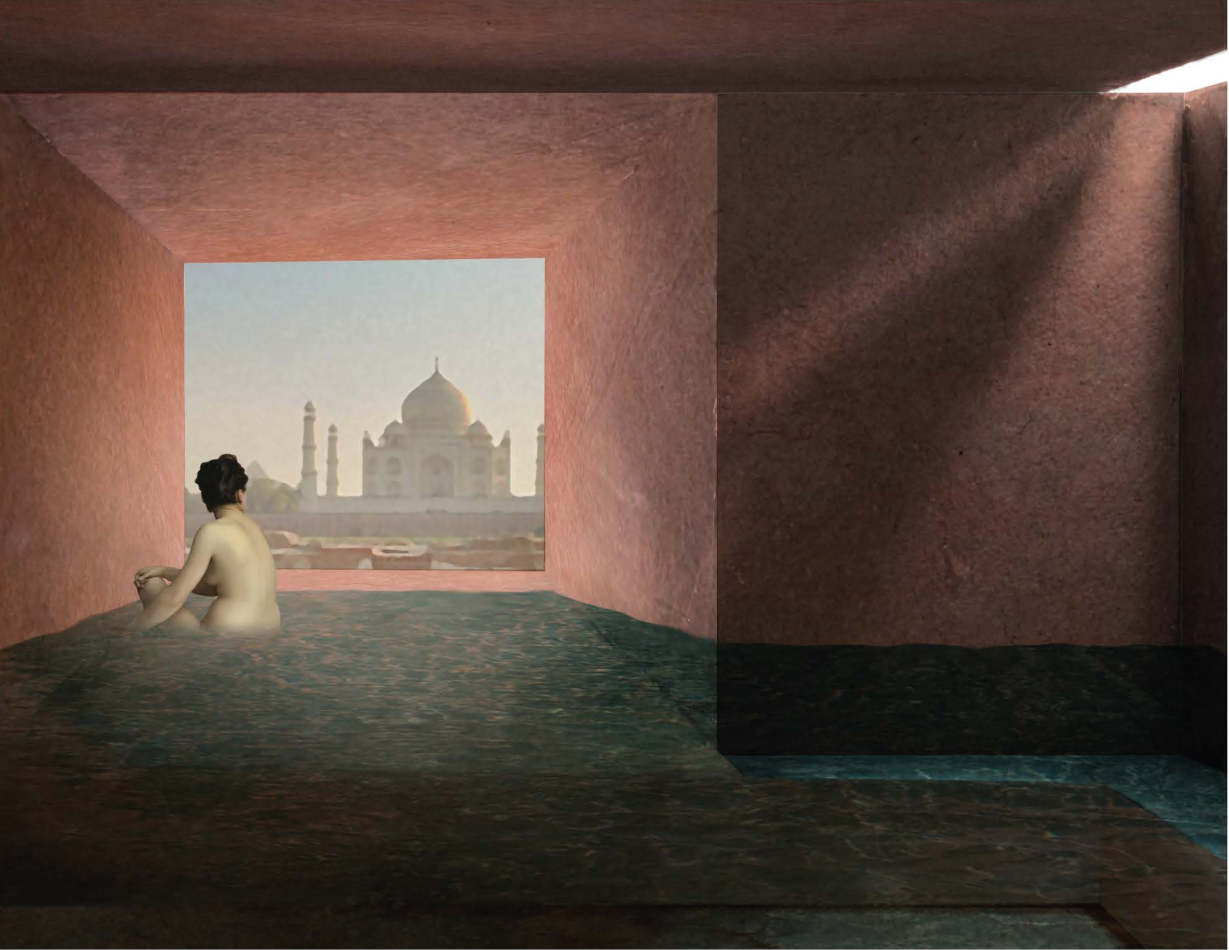 A contemplative bathing space framing the Taj Mahal through a precisely oriented aperture.