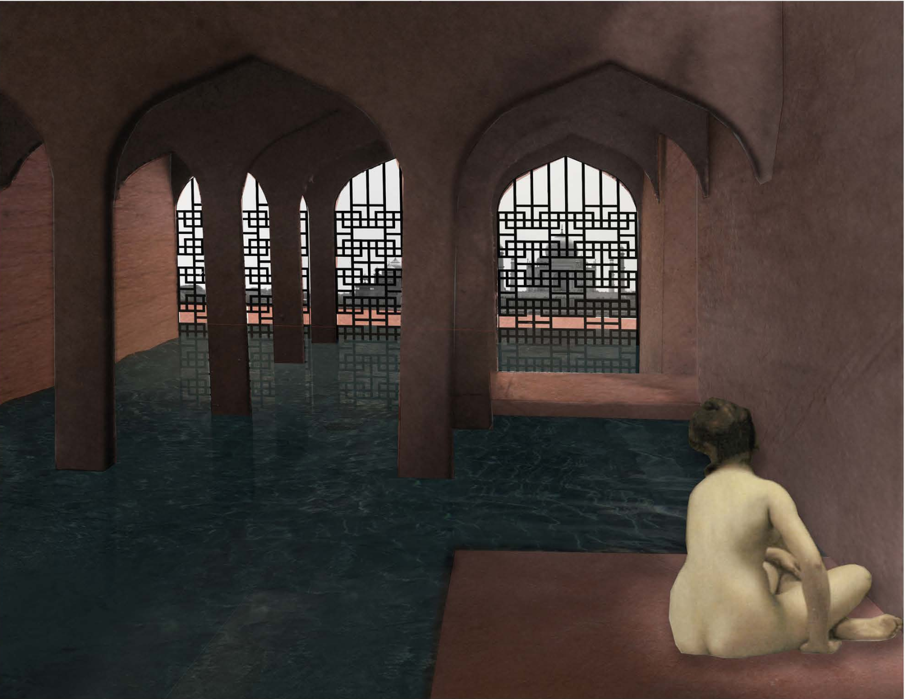 Arched interiors reinterpret Mughal hammam geometry, blending privacy with openness.