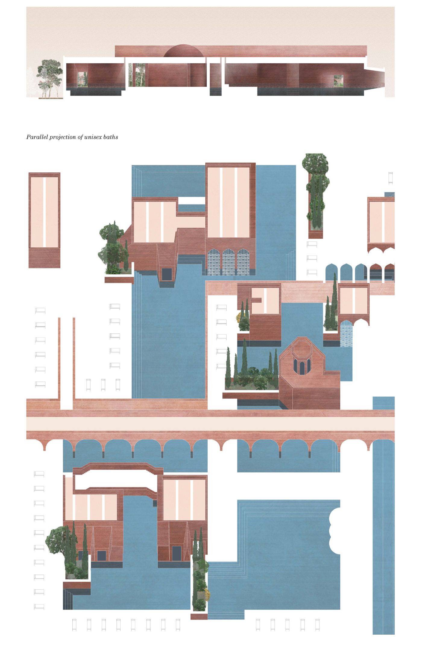 Parallel projection of the unisex baths reveals the project’s spatial composition and courtyard hierarchy.