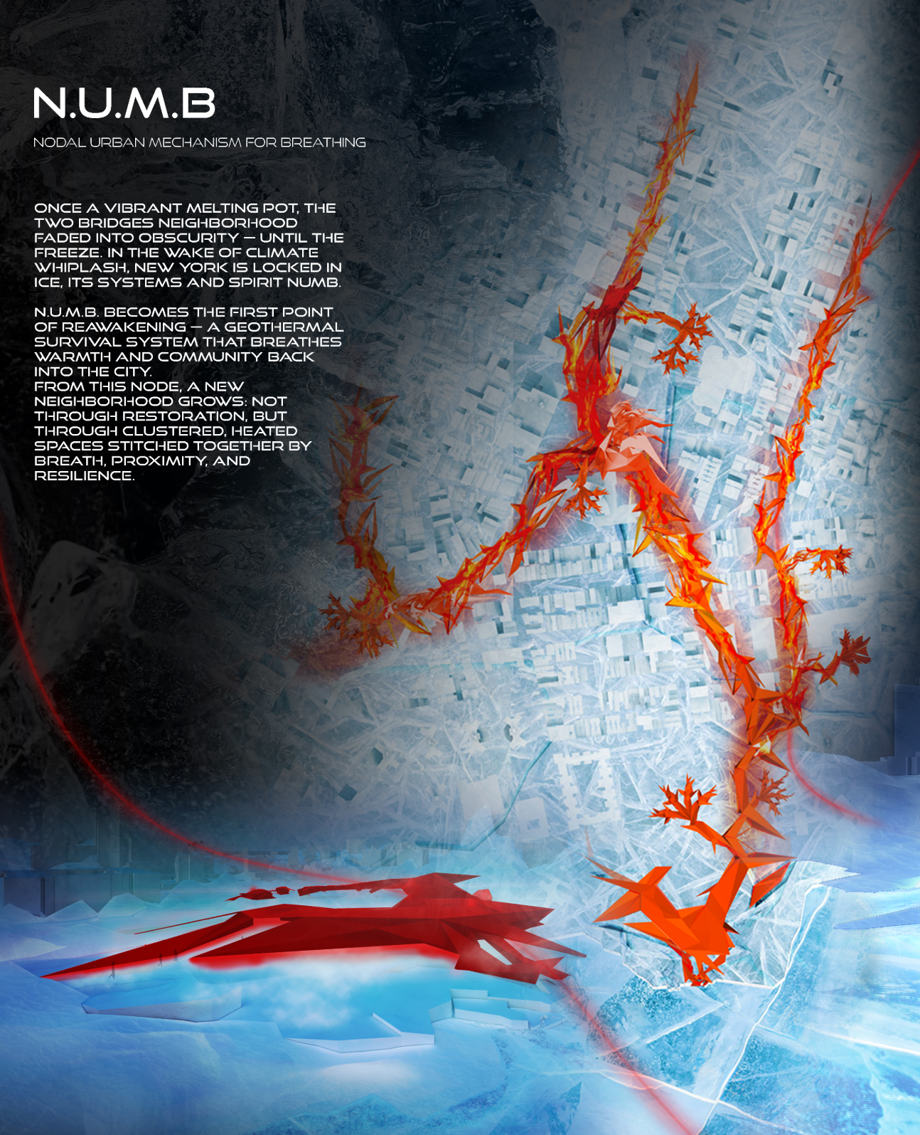 The frozen fabric of New York reawakens as geothermal veins ignite warmth beneath the Two Bridges neighborhood.
