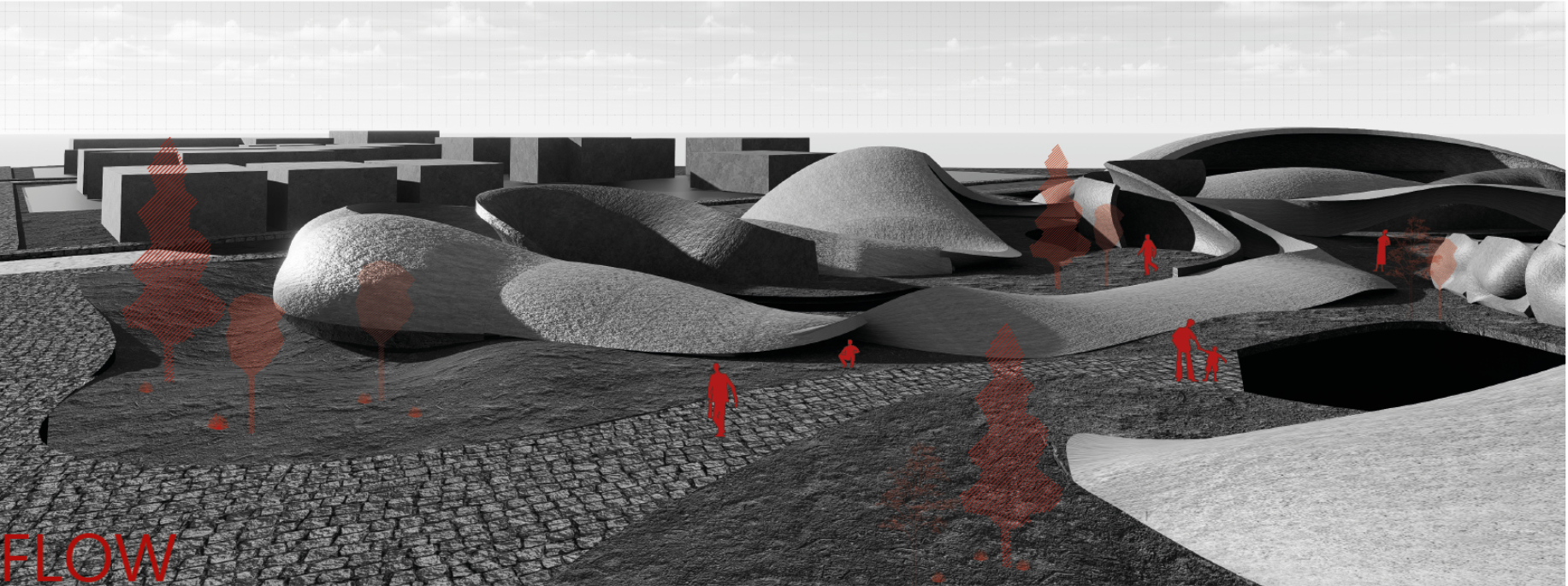 Topographic forms shape a self-sustaining eco-village where organic architecture fosters emotional and ecological balance.