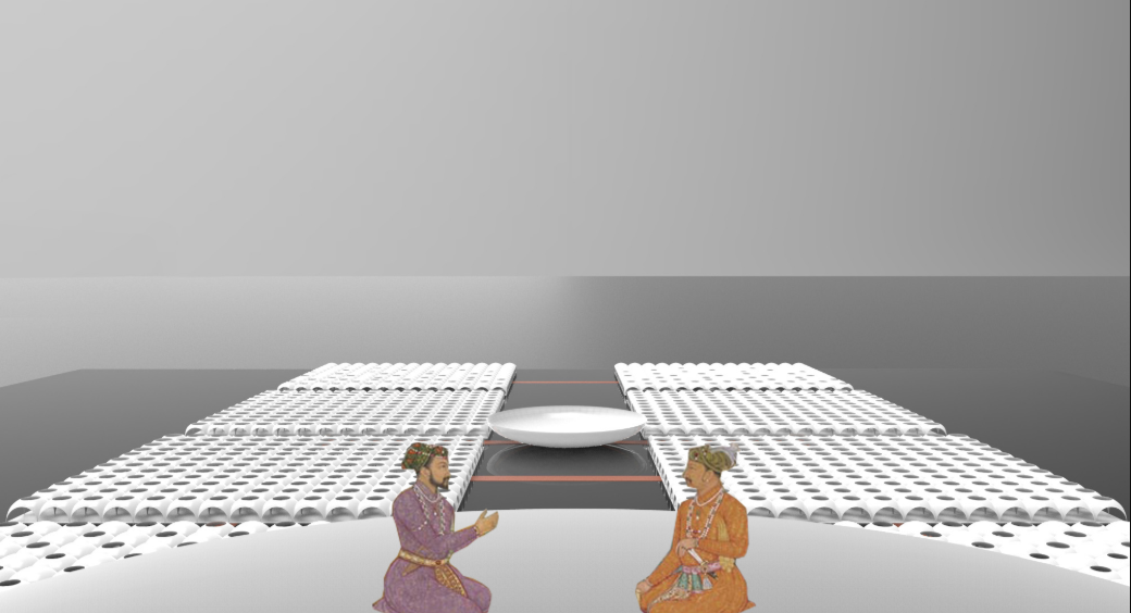 Sectional perspective showing two figures seated on stepped platforms between perforated white canopy structures