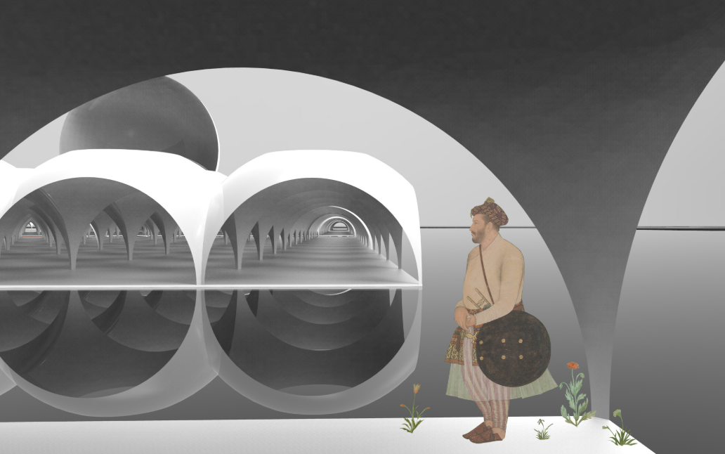 View across a reflecting pool toward repeating vaulted spaces with a figure standing among small plants