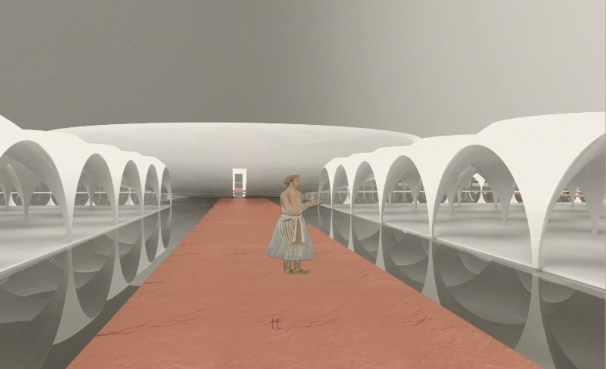 Long corridor flanked by arched openings and reflecting pools with a figure walking on terracotta flooring