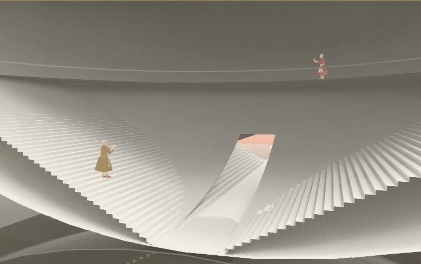 Interior view of pleated white surfaces connecting different levels with two figures on separate landings