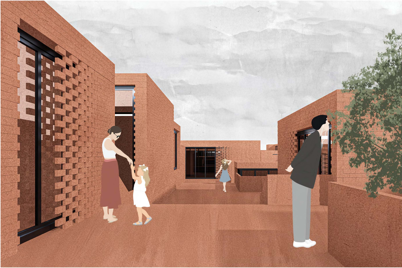Terracotta surfaces form a warm, communal street where families interact within a human-scaled housing cluster.