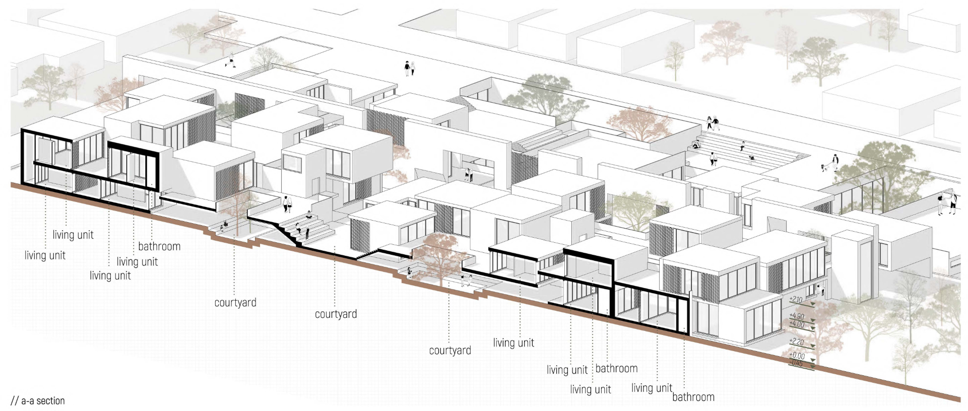 Layered housing typologies integrate courtyards, natural light, and adaptable living units across varying levels.