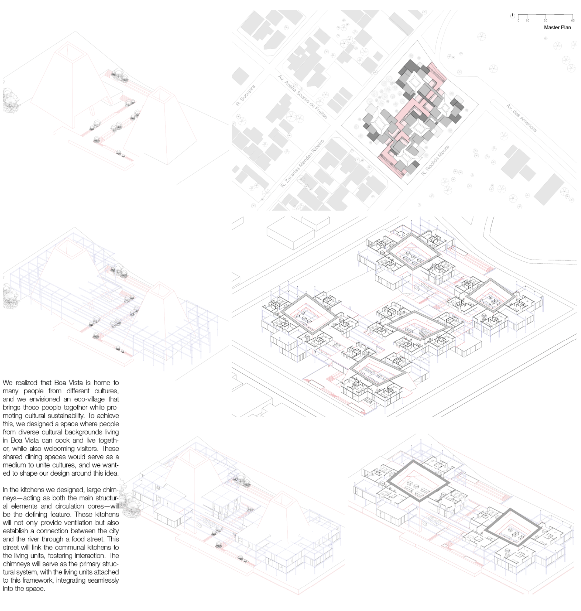 Site plan and axonometric drawings showing clustered pavilions arranged around communal courtyards with circulation pathways
