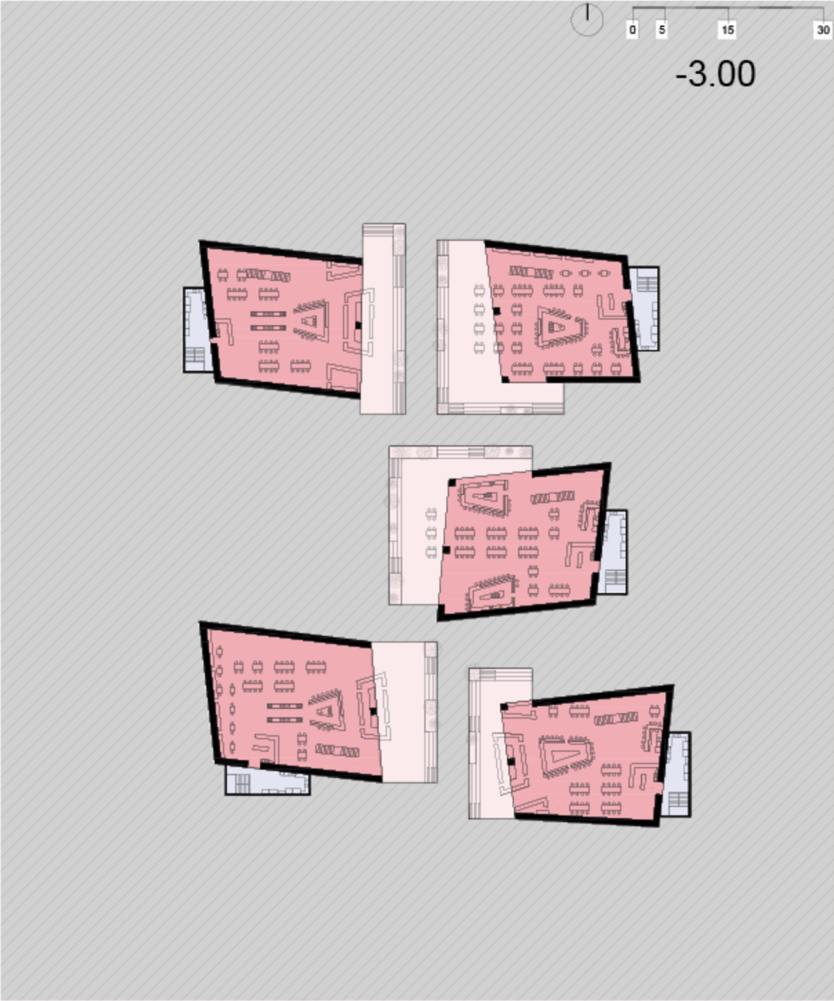 Basement level plan at minus three meters showing five angled volumes with interior furnishing layouts highlighted in pink