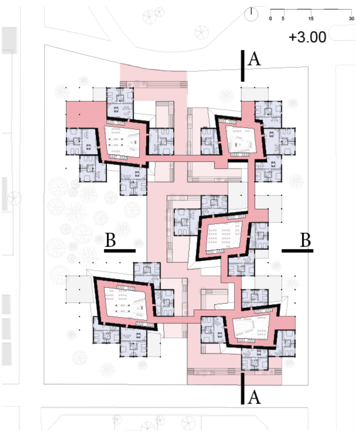 Floor plan at plus three meters with section cut lines showing five rotated pavilions connected by circulation spine