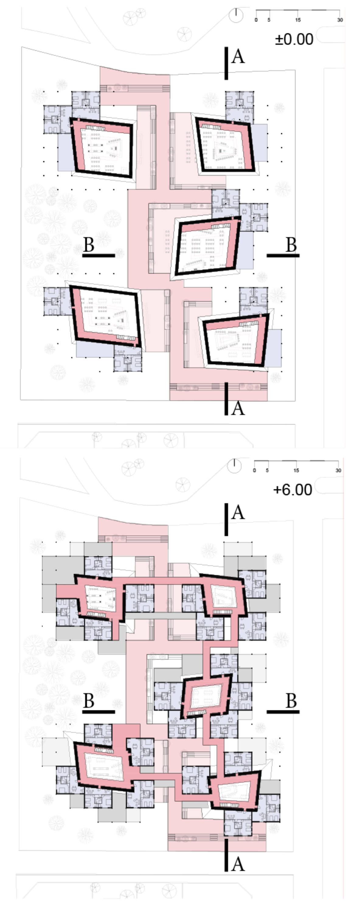 Floor plans at ground level and plus six meters showing progressive stacking of angled volumes with section indicators