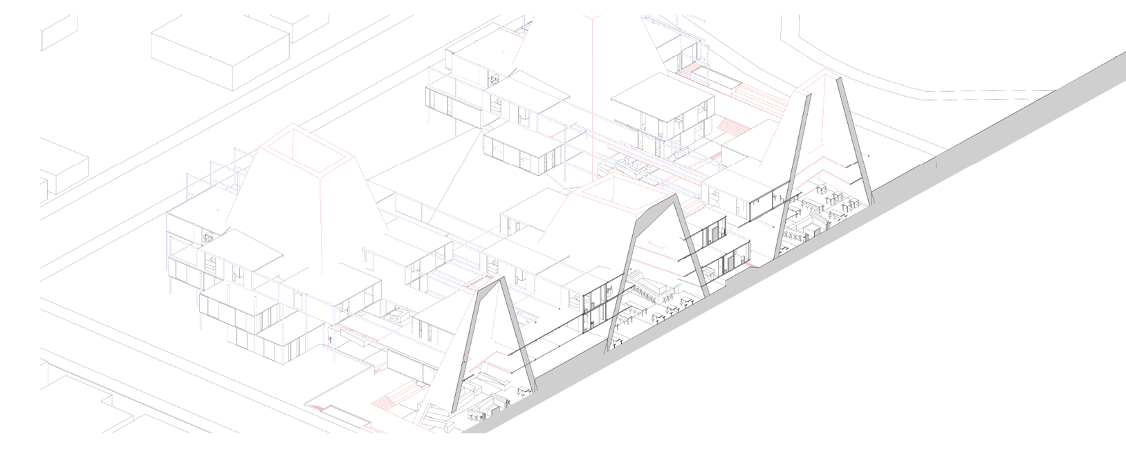 Axonometric drawing showing triangular gabled volumes along a street with surrounding low-rise residential context