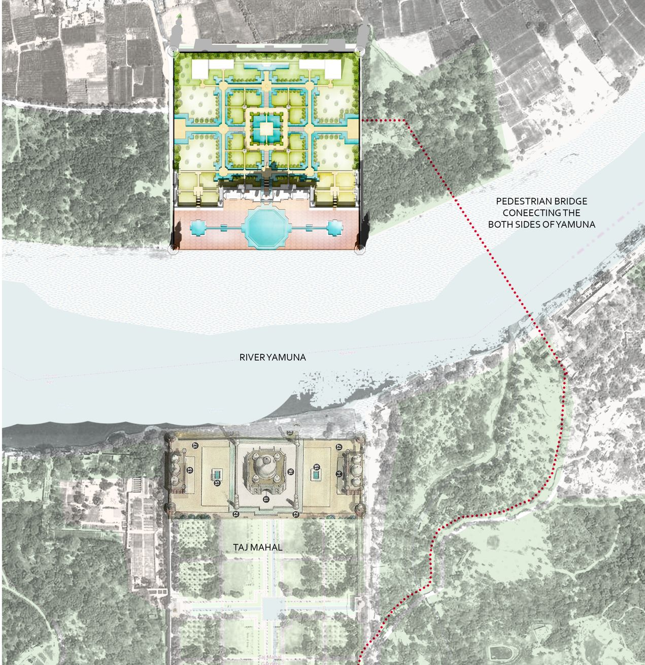 Aerial site plan showing the pedestrian bridge linking the Taj Mahal and Mehtab Bagh across the Yamuna River.