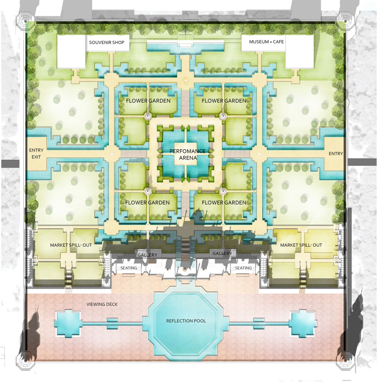 Detailed top view illustrating the Charbagh-inspired garden, reflection pools, and performance arena at Mehtab Bagh.