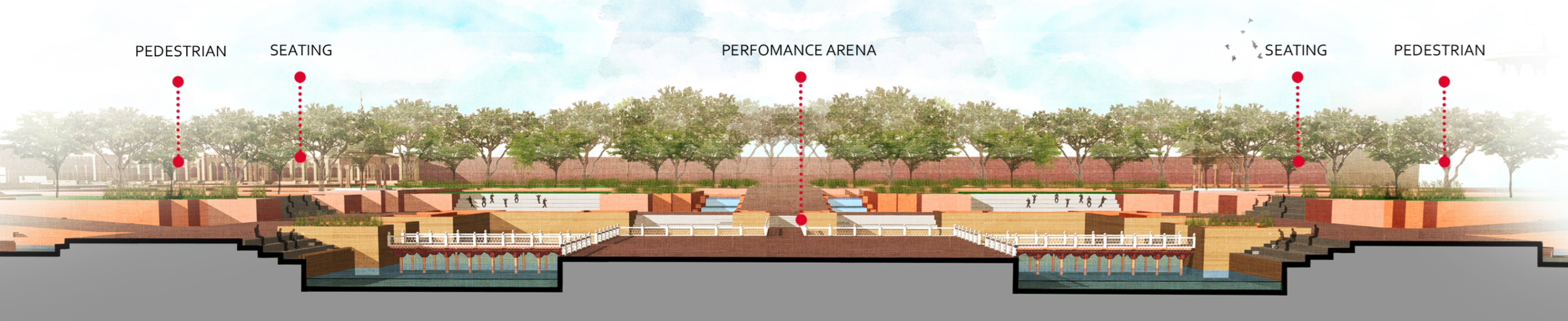 Cross-section revealing the stepped seating, pedestrian circulation, and central water features within the arena.