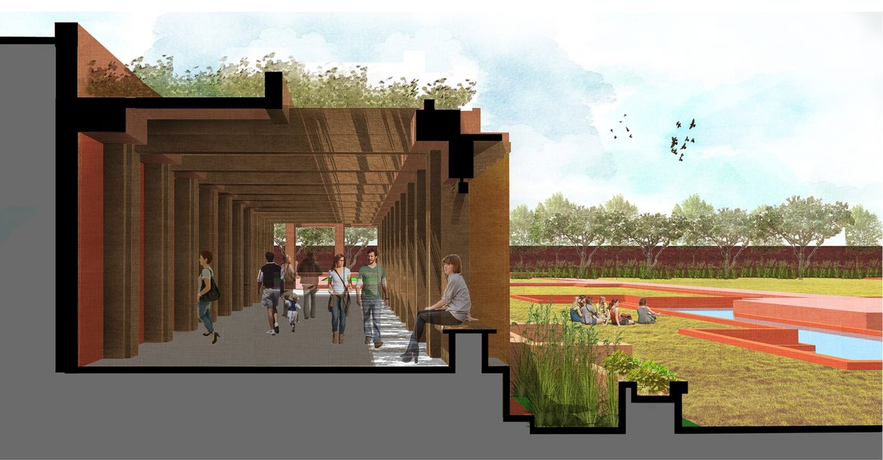 Perspective section of the shaded colonnade connecting indoor galleries to the open gardens and water channels.