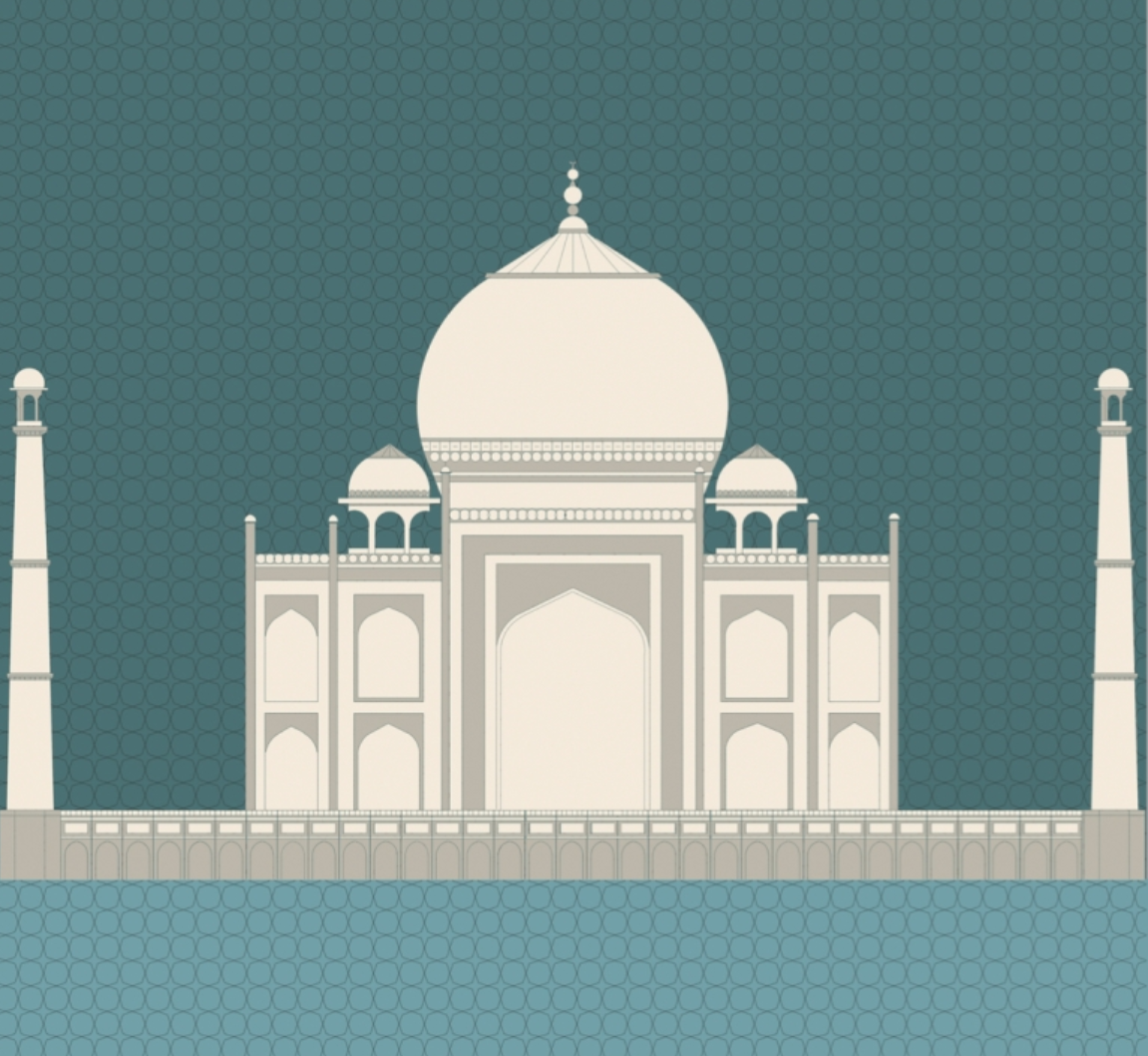 The imagined pavilion of the Black Taj mirrors the Taj Mahal across the Yamuna, reviving the geometry of Mehtab Bagh.