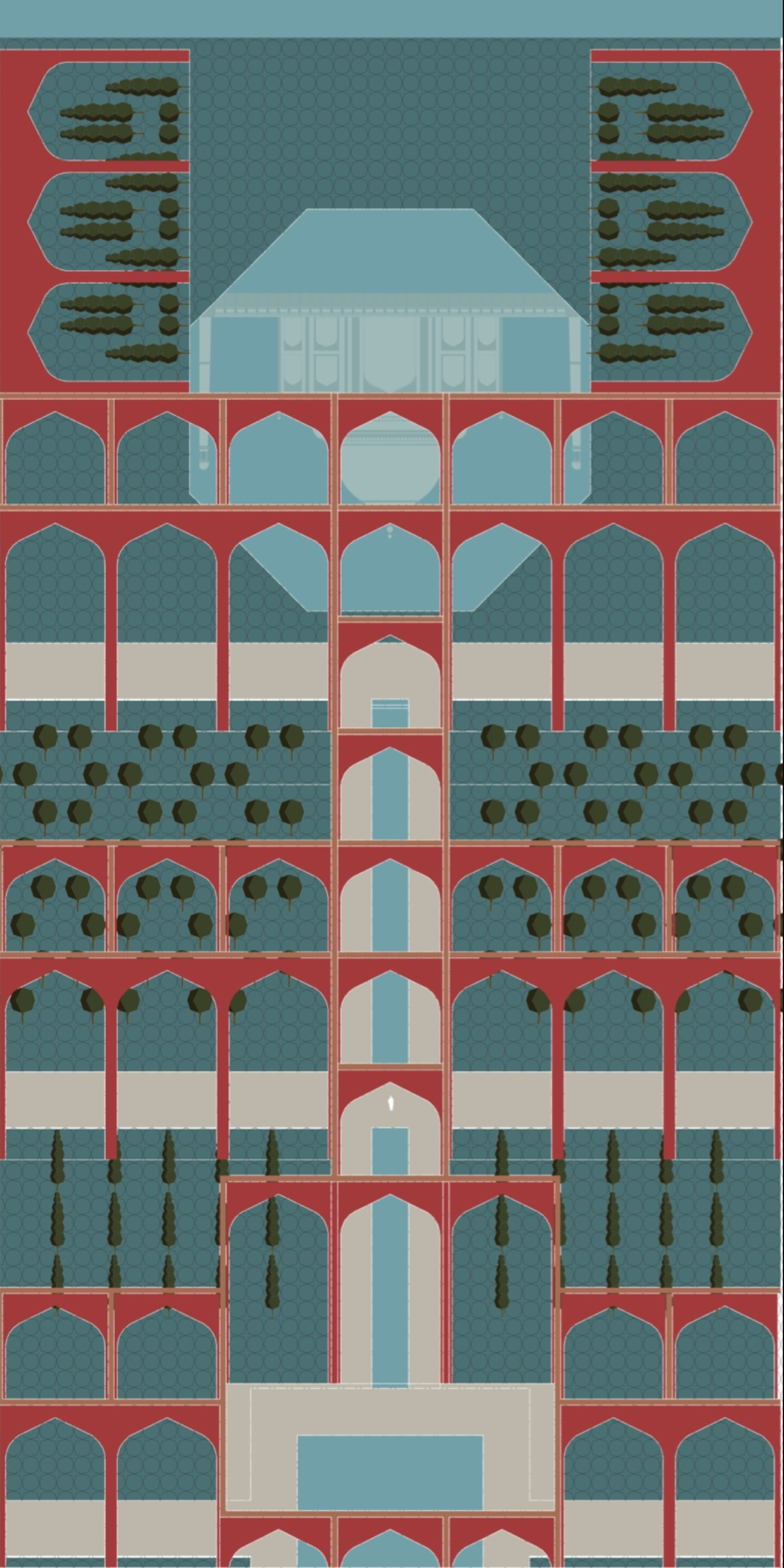 A precise architectural visualization aligning the pavilion with the Taj to create a seamless axis of reflection and symmetry.