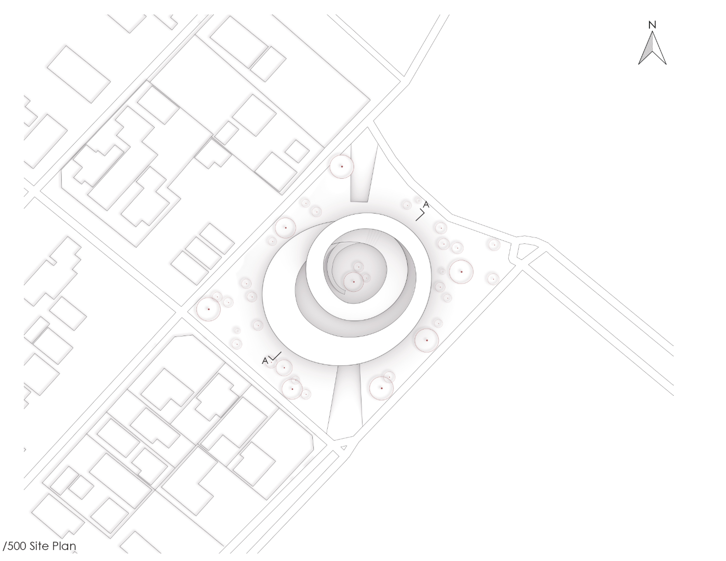 Site plan drawing showing a circular building with concentric rings set within a diagonal street grid