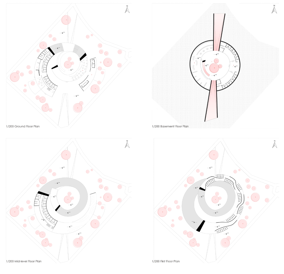Four floor plan drawings showing the progression from ground to first floor of the circular structure