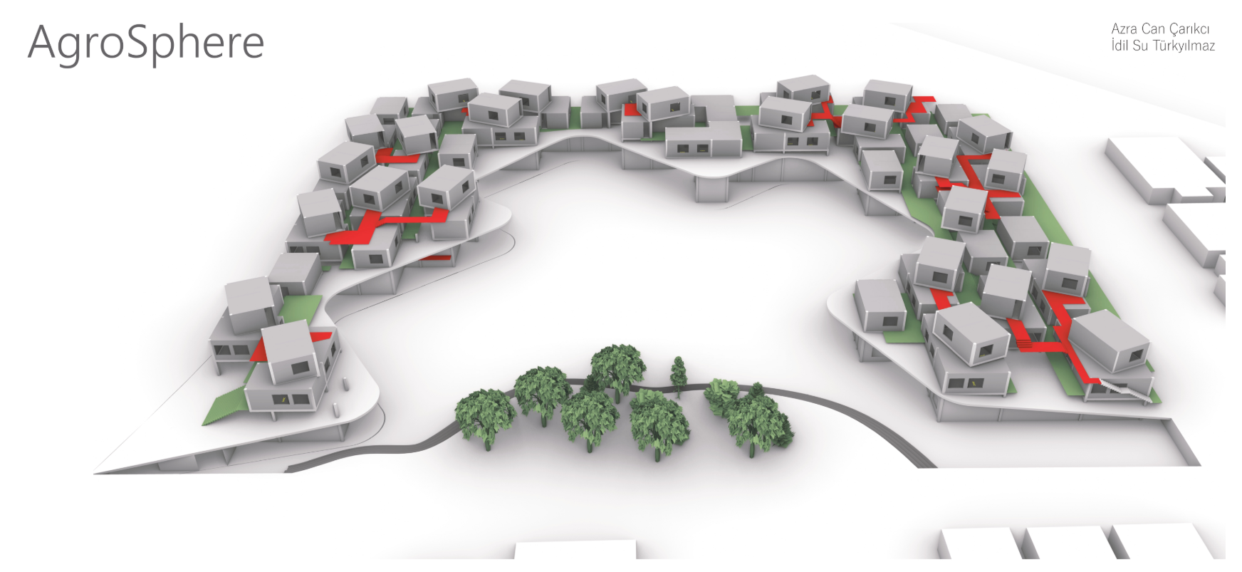 Aerial view of AgroSphere’s modular eco-village layout integrating housing and green pathways.