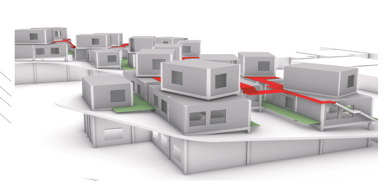 Close-up perspective showing stacked modular units connected through elevated red walkways.