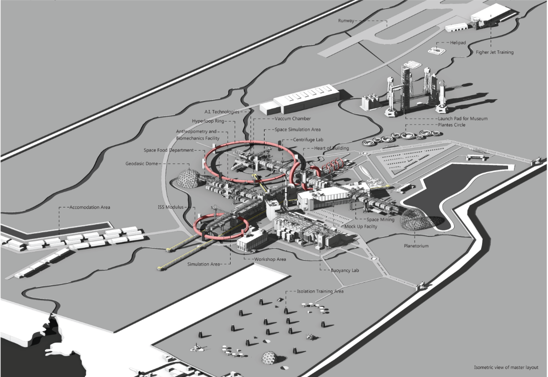 A comprehensive isometric layout showcasing the spatial organization of the Astronaut Training Facility and its diverse functional zones.