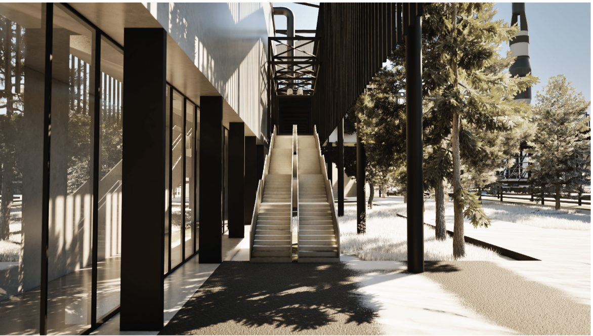 The facility transforms under artificial illumination—accent lighting reveals its infrastructural complexity and kinetic energy.