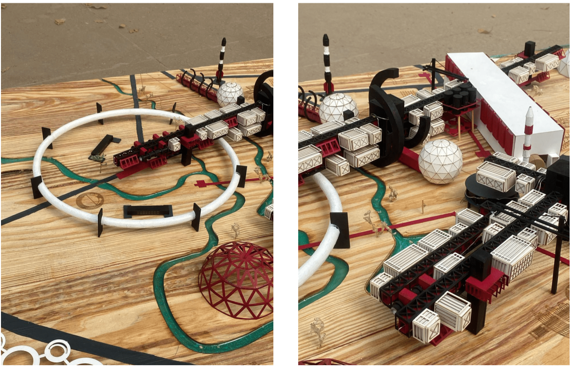 Close-up views of modular clusters and dome structures illustrating the adaptive, reconfigurable spatial systems of the facility.
