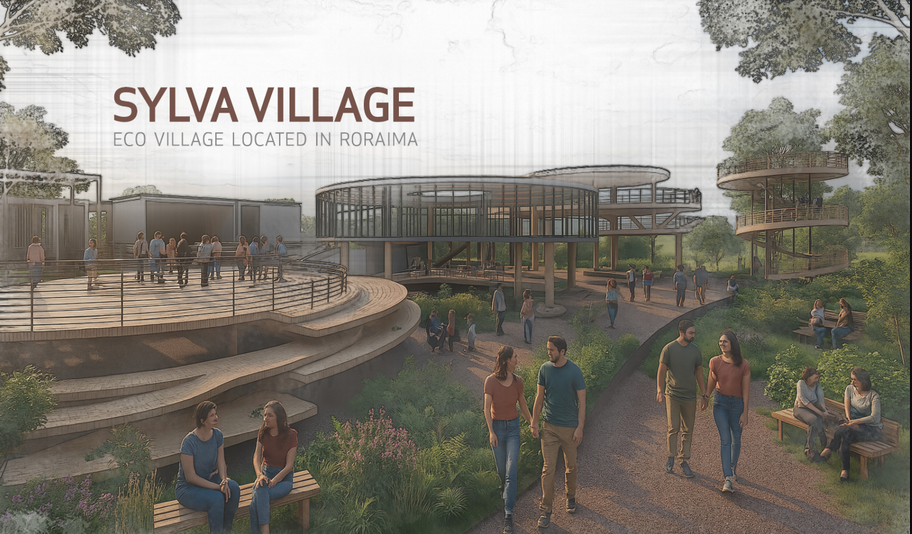 Community gathering spaces at Sylva Village blend circular architecture with lush landscapes, fostering connection and well-being.