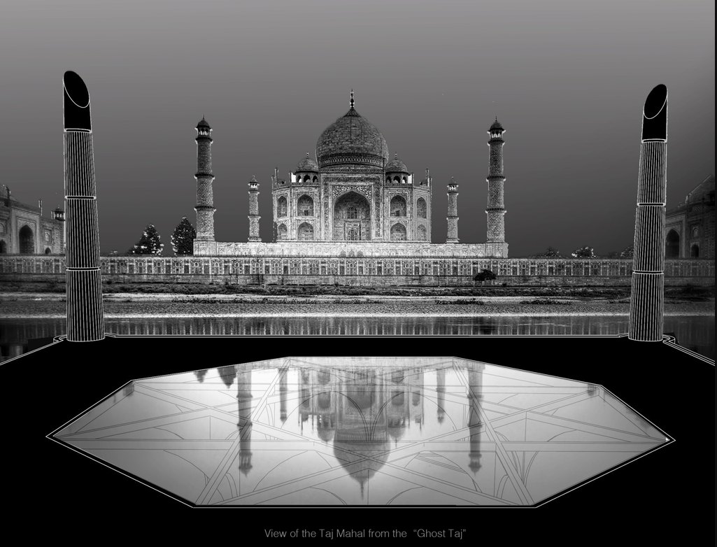 Hexagonal reflecting pool with striped towers flanking a domed mausoleum under an overcast sky