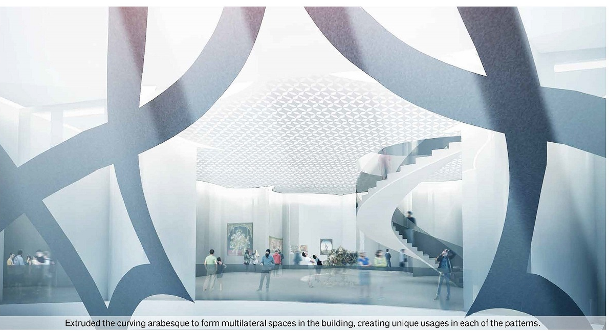 Interior gallery with curved ceiling lattice and branching structural ribs framing a white staircase with visitors