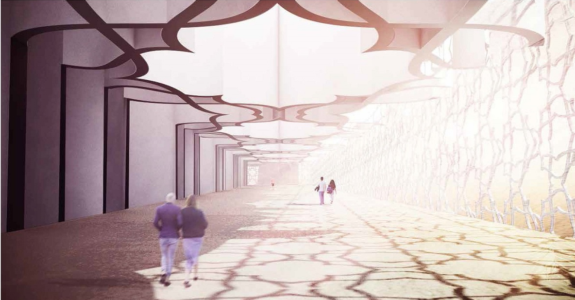 Long corridor with repeating dark columns and organic ceiling pattern casting shadows on terrazzo floor with visitors