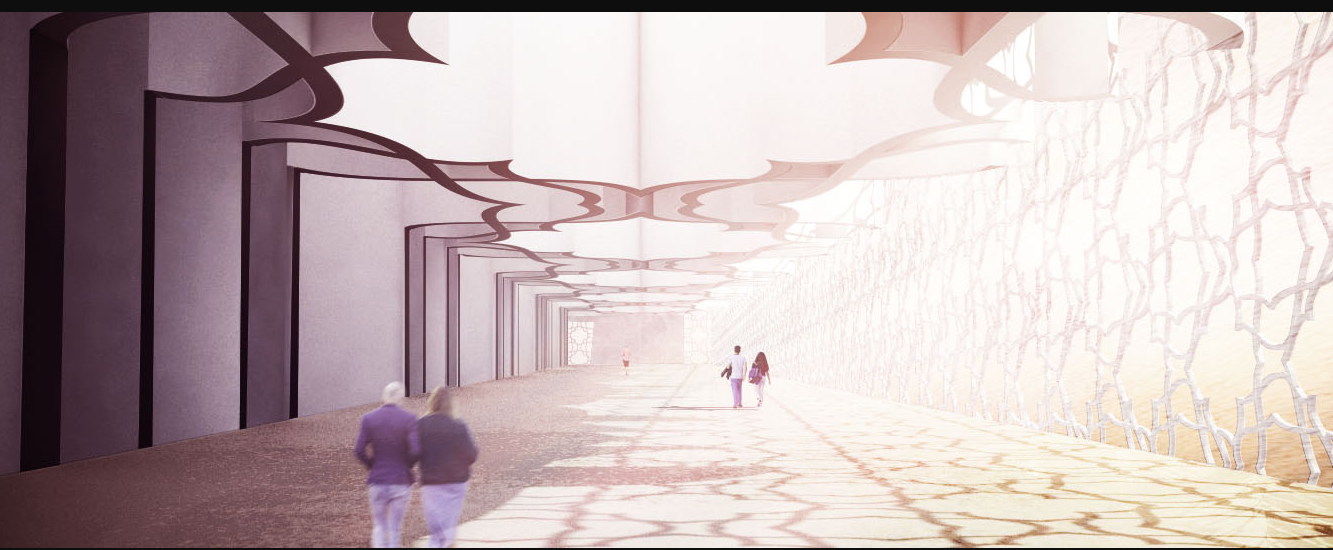 Interior passage with rhythmic dark columns and branching ceiling structure beside textured marble wall with dappled light