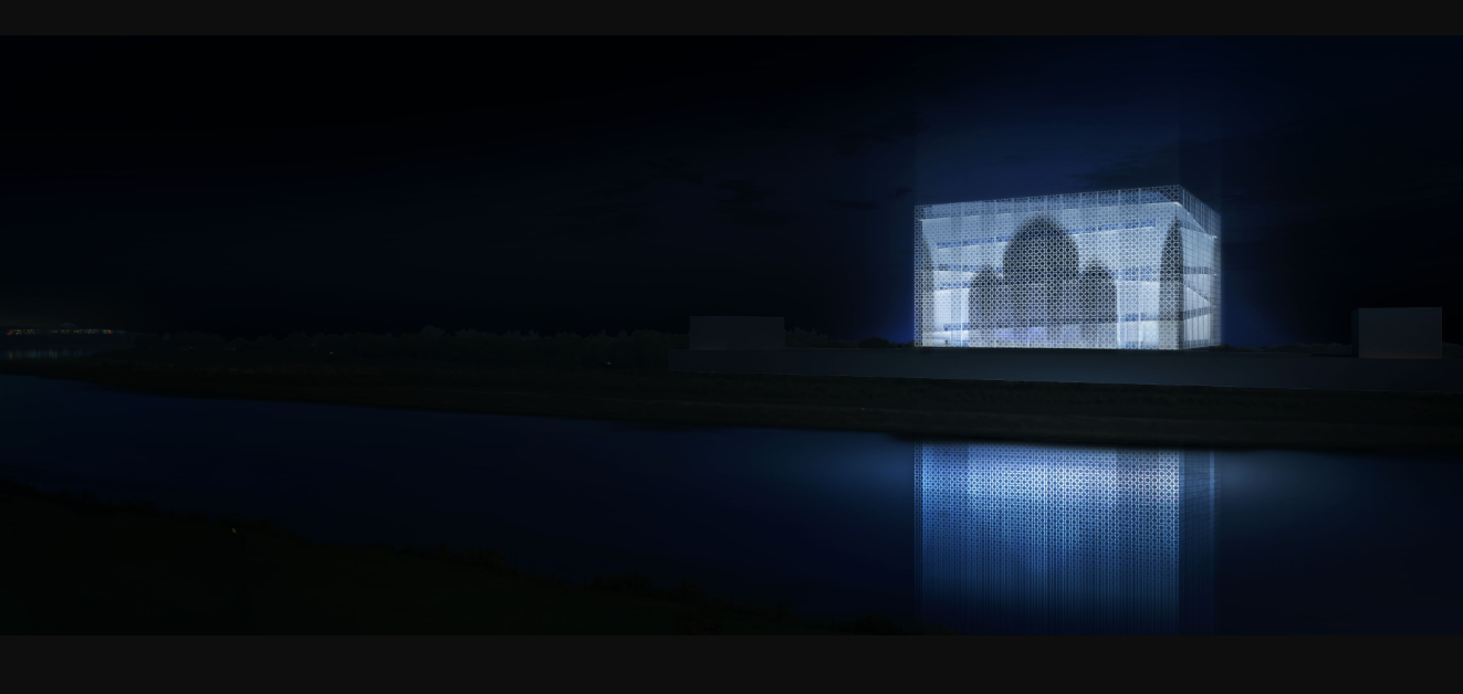 Illuminated perforated facade glowing beside still water at night with reflection on dark surface