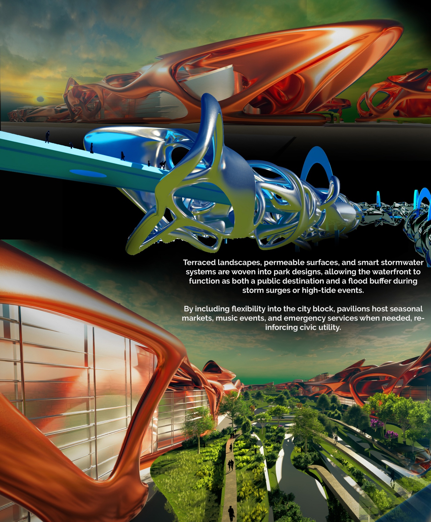 Terraced landscapes and fluid architectural forms merge stormwater management with recreation, transforming flood buffers into vibrant civic terrains.