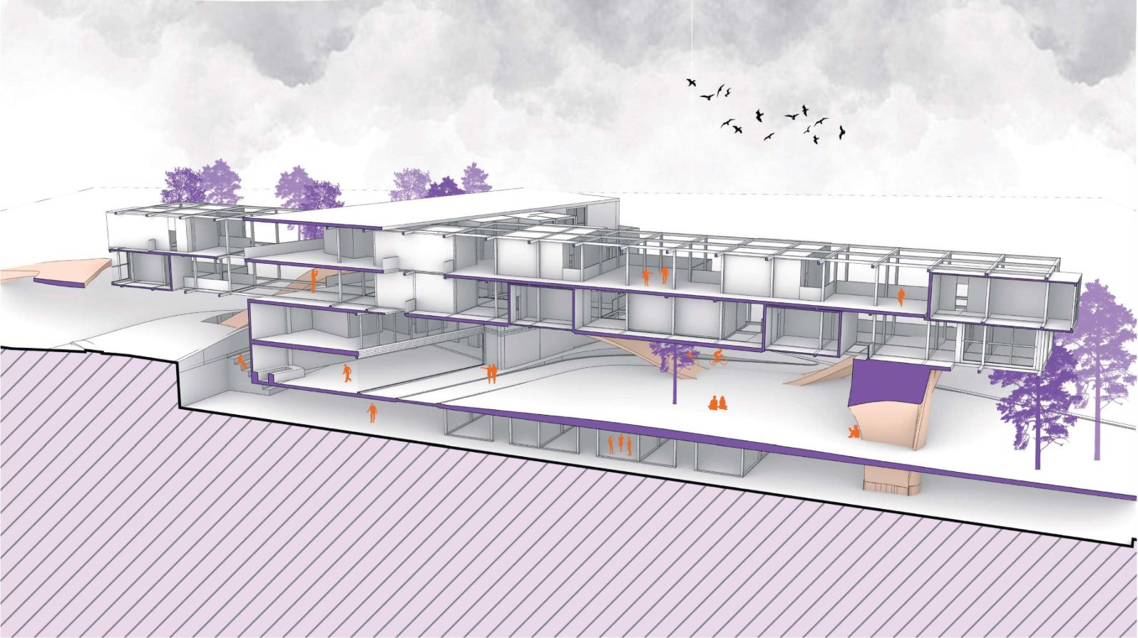 Cross-sectional view highlighting layered living units, dynamic circulation paths, and the visual connection between interior and landscape.