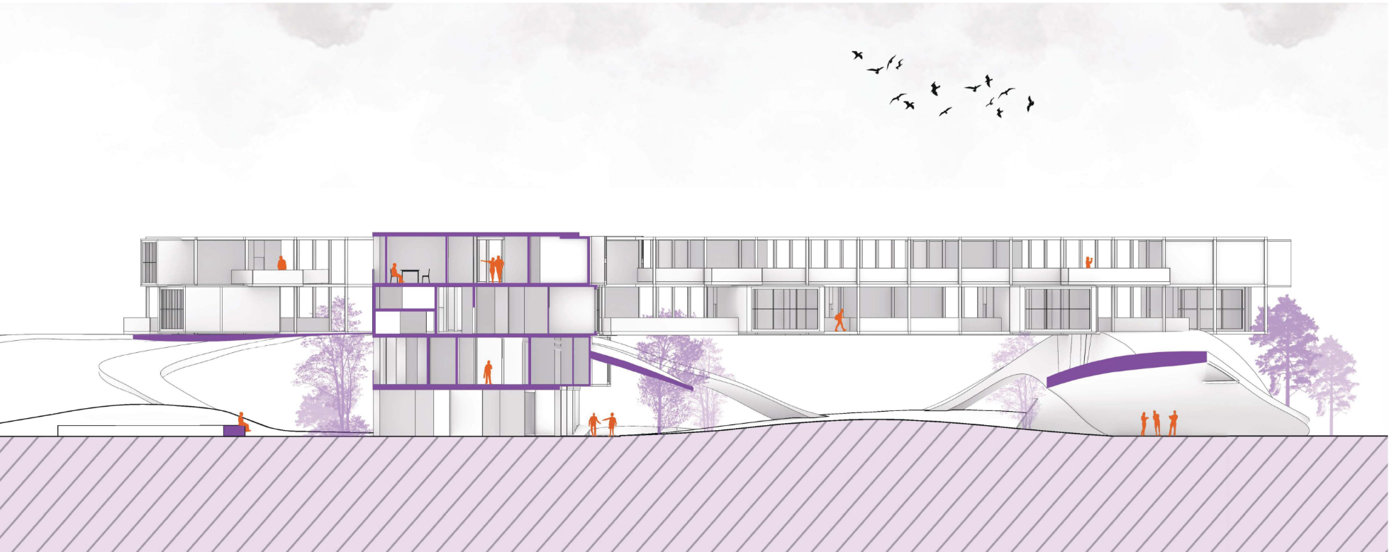 Elevation cut displaying the project’s vertical rhythm and the structural bridge that binds its public and private realms.